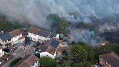 A fire burning on grass near trees and a cluster of houses