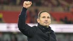 Frank Lampard with his right fist clenched above as he acknowledges the Coventry support after the win at Middlesbrough