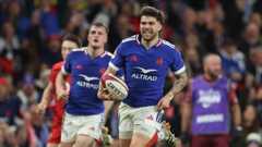 Matthieu Jalibert runs away to score France's fourth try against Wales in Cardiff