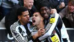 Bruno Guimaraes celebrates with William Osula and Anthony Elanga after scoring for Newcastle