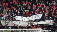 Celtic fans hold up red cards as part of their protest against the board