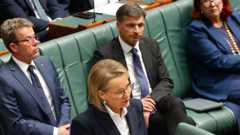 Sussan Ley, a blonde haired woman with pearl earrings and glasses looks off camera while people in suits sit on a green leather bench behind her