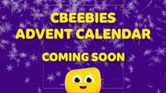 Yellow CBeebies Bug in front of closed doors, snow falling, text reads 'CBeebies Advent Calendar - coming soon'.