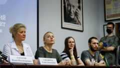 A news conference at the Science and Practice Center for Interventional Cardioangiology in Moscow, Russia, 15 July 2020