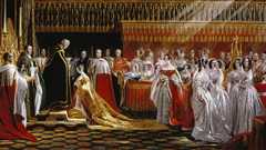 The Queen is shown kneeling in Westminster Abbey on her Coronation Day.