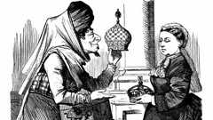 Prime Minister Disraeli offers the queen an imperial crown in a satirical cartoon.