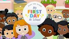Play the story - my first day at school graphic of children stood looking happy in a classroom