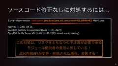 ソースコード修正なしに対処するには…$ java --show-version --add-opens java.base/java.util.concurrent=ALL-UNNAMED Main3.javaopenjdk 16 2021-03-16OpenJDK Runtime Environment (build 16+35-2229)OpenJDK 64-Bit Server VM (build 16+35-2229, mixed mode, sharing)48この対処は、リスクをともなうので注意が必要であるモジュール提供者の意思に反している!JDK内部APIが変更・削除された場合、失敗する!