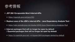 参考情報JEP 260: Encapsulate Most Internal APIshttps://openjdk.java.net/jeps/260Replace uses of the JDK’s internal APIs - Java Dependency Analysis Tool -https://wiki.openjdk.java.net/display/JDK8/Java+Dependency+Analysis+ToolInternal packages that will no longer be open by default
/ Exported packages that will no longer be open by defaulthttps://cr.openjdk.java.net/~mr/jigsaw/jdk8-packages-denied-by-default59