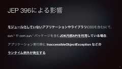 JEP 396による影響モジュール化していないアプリケーションやライブラリ(OSSを含む)にて、sun.* や com.sun.* パッケージを含むJDK内部APIを利用している場合、アプリケーション実行時に InaccessibleObjectException などのランタイム例外が発生する7