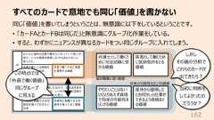 すべてのカードで意地でも同じ「価値」を書かない162同じ「価値」を書いてしまうということは、無意識に以下をしているということです。• 「カードAとカードBは同じだ」と無意識にグループ化作業をしている。• すると、わずかにニュアンスが異なるカードをつい同じグループに⼊れてしまう。弁護⼠として働くために司法試験に受かる価値医者として働くために医師免許をとる価値やりたいことはないけどとりあえず資格で将来の可能性を広げる価値産休から復帰したとき何かしら仕事ができるよう資格をとる価値この時点では「外資で働く価値」同じグループに⾒える当初に判断をしてよかったのだろうか︖しかしその後の分析でこれらのカードが出てきたら︖望む職業に就く価値将来の可能性を広げる価値