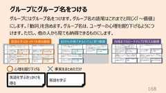 グループにグループ名をつける168グループにはグループ名をつけます。グループ名の語尾はこれまでと同じく「〜価値」にします。「動詞」を含めます。グループ名は、ユーザーの⼼理を掘り下げるようにつけます。ただし、他の⼈から⾒ても納得できるものにします。英語を学ぶきっかけを得る価値 ⾃分も合格できるのではと思う価値 合格までのロードマップが⾒える価値英語を学ぶ英語を学ぶきっかけを得る⼼理を掘り下げる 事実をまとめただけ