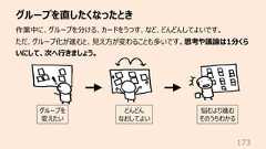 グループを直したくなったとき173作業中に、グループを分ける、カードをうつす、など、どんどんしてよいです。ただ、グループ化が進むと、⾒え⽅が変わることも多いです。思考や議論は1分くらいにして、次へ⾏きましょう。グループを変えたいどんどんなおしてよい悩むより進むそのうちわかる