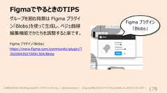 FigmaでやるときのTIPS179グループを囲む背景は Figma プラグイン「Blobs」を使って⽣成し、ベジェ曲線編集機能でかたちを調整すると楽です。Figma プラグイン「Blobs」Figma プラグイン「Blobs」https://www.figma.com/community/plugin/739208439270091369/Blobsこの教材の作成にあたりFigma公式アンバサダーの キャシさん( @UIAlchemist ) にFigmaの使いかたのアドバイスをいただきました。ありがとうございます︕