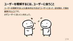 ユーザーを理解するには、ユーザーに会うこと239ユーザーを理解するもっとも基本的な⽅法は「ユーザーに会って、話を聞き、⾏動を観察する」ことです。まずユーザーに会いにいきましょう。
