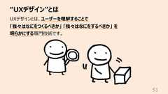 “UXデザイン”とは51UXデザインとは、ユーザーを理解することで「我々はなにをつくるべきか」 「我々はなにをするべきか」 を明らかにする専⾨技術です。
