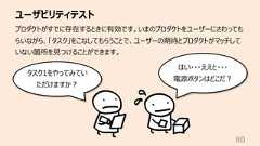 ユーザビリティテスト80プロダクトがすでに存在するときに有効です。いまのプロダクトをユーザーにさわってもらいながら、「タスク」をこなしてもらうことで、ユーザーの期待とプロダクトがマッチしていない箇所を⾒つけることができます。タスク1をやってみていただけますか︖はい・・・ええと・・・電源ボタンはどこだ︖