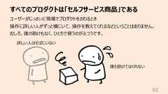 すべてのプロダクトは「セルフサービス商品」である82ユーザーがじっさいに現場でプロダクトをさわるとき操作に詳しい⼈がずっと横にいて、操作を教えてくれるなどということはありません。むしろ、誰の助けもなく、ひとりで使うのがふつうです。誰も助けてはくれない詳しい⼈はそばにいない