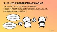 ユーザーにひたすら説明をする人をやめさせる129ユーザーインタビューでプロダクトをユーザーに見せるときそのプロダクトや機能がなんであるかをひたすら説明してしまう人がいます。これも前提をおいているのと同じです。このプロダクトは・・・というものでこの機能は・・・のために使います