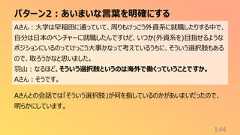 パターン2:あいまいな言葉を明確にする144Aさん:大学は早稲田に通っていて、周りもけっこう外資系に就職したりする中で、自分は日本のベンチャーに就職したんですけど、いつか(外資系を)目指せるようなポジションにいるのってけっこう大事かなって考えているうちに、そういう選択肢もあるので、取ろうかなと思いました。羽山:なるほど。そういう選択肢というのは海外で働くっていうことですか。Aさん:そうです。Aさんとの会話では「そういう選択肢」が何を指しているのかがあいまいだったので、明らかにしています。