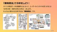 「親和図法」で分析をしよう!234すべての発話データを客観的にあつかって、ユーザーのインサイトを見つけるには「定性分析(質的分析とも呼ぶ)」をします。もっともよく使われる分析手法は 「親和図法」 です。