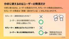 分析に使えるのはユーザーの発言だけ259分析に使えるのは、ユーザーの発言だけです。モデレーターの発言は含めません。モデレーターの発言は 「誘導(言わせている)」 かもしれないからです。モデレーター: 資格を取るきっかけは?ユーザー: 会社の推奨資格だったから。昇格に必要なんです。モデレーター: 推奨とはどういうことですか?ユーザー: 取ったら報奨金が出ます。 「報奨金が出る」を分析材料にできる