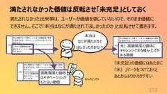 満たされなかった価値は反転させ「未充足」としておく273満たされなかった出来事は、ユーザーが価値を感じていないので、そのまま価値にできません。そこで「本当はなにが満たされてほしかったのか」と反転させて書きます。高難易度の資格はモチベーションがもたない価値未)高難易度の資格にチャレンジできる積み上げがある価値本当はなにが満たされてほしかったのかな?「未充足」の価値にはあたまに「未)」マークをつけておくとあとからふりかえりやすいなんのこっちゃ