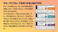 グループにグループ名をつけるときのTIPS283グループの命名のとき、グループの中身を適切に表現したグループ名をつけないと、のちの作業がうまくいかなくなります。そこで羽山はグループ名をつけるのではなく、グループを代表するカードをえらんで、それをグループ名としてそのまま使うようにしています。右図で黒い塗りつぶしを入れたカードが代表カードです。既存のカードからえらぶことで、グループ名をつけるときに不要な解釈が入るのを防ぐことができます。代表カード代表カード代表カード