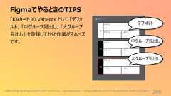 FigmaでやるときのTIPS289「KAカード」の Variants として 「デフォルト」 「中グループ見出し」 「大グループ見出し」 を登録しておくと作業がスムーズです。デフォルト中グループ見出し大グループ見出しこの教材の作成にあたりFigma公式アンバサダーの キャシさん( @UIAlchemist ) にFigmaの使いかたのアドバイスをいただきました。ありがとうございます!