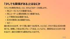 「少しでも関係がある」とはなにか292「少しでも関係がある」 とは、次のようなケースを指します。• 同じテーマについての価値である。• 同じユーザー心理を背景にもつ価値である。• 上下関係のある価値である。• 反対の関係にある価値である。• など・・・線の色分けはせず、すべて黒い線でつなぎます。たとえば、ミクロで見ると反対の関係でも、俯瞰して見ると同じグループである、というように、関係性はとらえかたで変わるので、線の分類をする意味がないためです。