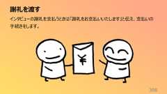 謝礼を渡す398インタビューの謝礼を支払うときは「謝礼をお支払いいたします」と伝え、支払いの手続きをします。