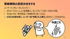 事業戦略の意思決定をする74ユーザーインタビューをしたところ・・・• それは 「リフォーム or 新築購入」 をしてから 「入居」 するまでの間。• そのあいだは 「家が新品」 「部屋が空っぽ」 になる。• ピカピカの床を見て、ユーザーは「今度こそ」と思う。床材のニーズが生まれる。今度こそ