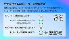 分析に使えるのはユーザーの発⾔だけ285分析に使えるのは、ユーザーの発⾔だけです。モデレーターの発⾔は含めません。モデレーターの発⾔は 「誘導(⾔わせている)」 かもしれないからです。モデレーター: 資格を取るきっかけは︖ユーザー: 会社の推奨資格だったから。昇格に必要なんです。モデレーター: 推奨とはどういうことですか︖ユーザー: 取ったら報奨⾦が出ます。 「報奨⾦が出る」を分析材料にできる