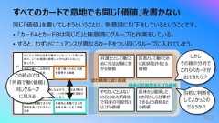 すべてのカードで意地でも同じ「価値」を書かない302同じ「価値」を書いてしまうということは、無意識に以下をしているということです。• 「カードAとカードBは同じだ」と無意識にグループ化作業をしている。• すると、わずかにニュアンスが異なるカードをつい同じグループに⼊れてしまう。弁護⼠として働くために司法試験に受かる価値医者として働くために医師免許をとる価値やりたいことはないけどとりあえず資格で将来の可能性を広げる価値産休から復帰したとき何かしら仕事ができるよう資格をとる価値この時点では「外資で働く価値」同じグループに⾒える当初に判断をしてよかったのだろうか︖しかしその後の分析でこれらのカードが出てきたら︖望む職業に就く価値将来の可能性を広げる価値