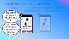 ⼈間の⾏動はインターフェースに依存するそれぞれの画⾯でユーザーはどのように⾏動するだろう。なぜそのように⾏動するのだろう。【6】 【7】 の差を 「⺟国語が⽇本語」 がユーザーとして、⾔語化してみよう。カバン 2,100円購⼊しますか︖अभी खर'द)र*द करना780カバン 2,100円購⼊しますか︖6強調をともなうボタンがあるので購⼊ボタンかもと思うしかし「危険」を表す⾚⾊なのでキャンセルボタンかもしれない