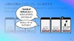 カバン 2,100円購⼊しますか︖⼈間の⾏動はインターフェースに依存するそれぞれの画⾯でユーザーはどのように⾏動するだろう。なぜそのように⾏動するのだろう。【8】 【9】 の差を⾔語化してみよう。クレジットカード保存しますかメールマガジン購読しますか8許可許可 拒否拒否84カバン 2,100円購⼊しますか︖クレジットカード保存しますか許可拒否メールマガジン購読しますか許可拒否9「右の⾚」が「許可」だったので右ボタンが「許可」なのではないか多くのユーザーはタップできそう