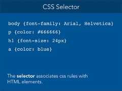 CSS Selectorbody {font-family: Arial, Helvetica}p {color: #666666}h1 {font-size: 24px}a {color: blue}The selector associates css rules withHTML elements.