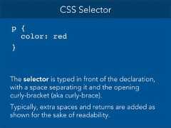 CSS Selectorp {color: red}The selector is typed in front of the declaration,with a space separating it and the openingcurly-bracket (aka curly-brace).Typically, extra spaces and returns are added asshown for the sake of readability.