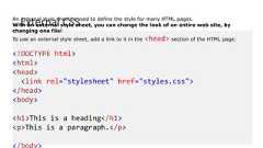 External CSSAn external style sheet is used to define the style for many HTML pages.With an external style sheet, you can change the look of an entire web site, bychanging one file!To use an external style sheet, add a link to it in the <head> section of the HTML page:<!DOCTYPE html><html><head><link rel="stylesheet" href="styles.css"></head><body><h1>This is a heading</h1><p>This is a paragraph.</p></body>
