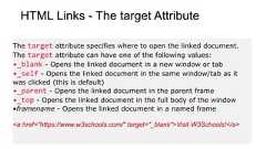 HTML Links - The target AttributeThe target attribute specifies where to open the linked document.The target attribute can have one of the following values:•_blank - Opens the linked document in a new window or tab•_self - Opens the linked document in the same window/tab as itwas clicked (this is default)•_parent - Opens the linked document in the parent frame•_top - Opens the linked document in the full body of the window•framename - Opens the linked document in a named frame<a href="https://www.w3schools.com/" target="_blank">Visit W3Schools!</a>