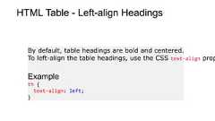 HTML Table - Left-align HeadingsBy default, table headings are bold and centered.To left-align the table headings, use the CSS text-align propExampleth {text-align: left;}