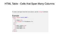 HTML Table - Cells that Span Many ColumnsTo make a cell span more than one column, use the colspan attribute:Example<table style="width:100%"><tr><th>Name</th><th colspan="2">Telephone</th></tr><tr><td>Bill Gates</td><td>55577854</td><td>55577855</td></tr></table>