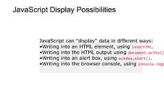 JavaScript Display PossibilitiesJavaScript can "display" data in different ways:•Writing into an HTML element, using innerHTML.•Writing into the HTML output using document.write()•Writing into an alert box, using window.alert().•Writing into the browser console, using console.log(