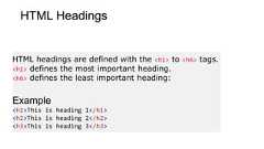 HTML HeadingsHTML headings are defined with the <h1> to <h6> tags.<h1> defines the most important heading.<h6> defines the least important heading:Example<h1>This is heading 1</h1><h2>This is heading 2</h2><h3>This is heading 3</h3>