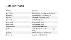 Date methodsMethod DescriptiongetFullYear() Get the year as a four digit number (yyyy)getMonth() Get the month as a number (0-11)getDate() Get the day as a number (1-31)getHours() Get the hour (0-23)getMinutes() Get the minute (0-59)getSeconds() Get the second (0-59)getMilliseconds() Get the millisecond (0-999)getTime() Get the time (milliseconds since January 1,1970)getDay() Get the weekday as a number (0-6)Date.now() Get the time. ECMAScript 5.