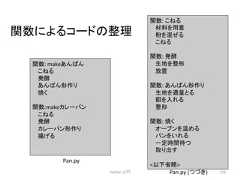 㛵ᩘ䛻䜘䜛䝁䞊䝗䛾ᩚ⌮ Python ධ㛛 118 㛵ᩘ: 䛣䛽䜛 ᮦᩱ䜢⏝ព ⢊䜢ΰ䛬䜛 䛣䛽䜛 㛵ᩘ: Ⓨ㓝 ⏕ᆅ䜢ᩚᙧ ᨺ⨨ 㛵ᩘ: 䛒䜣䜁䜣ᙧస䜚 ⏕ᆅ䜢㐺㔞䛸䜛 㤆䜢ධ䜜䜛 ᩚᙧ 㛵ᩘ: ↝䛟 䜸䞊䝤䞁䜢 䜑䜛 䝟䞁䜢䛔䜜䜛 ୍ᐃ㛫ᚅ䛴 ྲྀ䜚ฟ䛩 ௨ୗ┬␎ Pan.py (䛴䛵䛝) 㛵ᩘ: make䛒䜣䜁䜣 䛣䛽䜛 Ⓨ㓝 䛒䜣䜁䜣ᙧస䜚 ↝䛟 㛵ᩘ:make䜹䝺䞊䝟䞁 䛣䛽䜛 Ⓨ㓝 䜹䝺䞊䝟䞁ᙧస䜚 ᥭ䛢䜛 ….. Pan.py