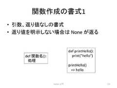 㛵ᩘసᡂ䛾᭩ᘧ1 • ᘬᩘ䚸㏉䜚್䛺䛧䛾᭩ᘧ • ㏉䜚್䜢᫂♧䛧䛺䛔ሙྜ䛿 None 䛜㏉䜛 Python ධ㛛 123 def 㛵ᩘྡ(): ฎ⌮ def printHello(): print(hello) printHello() = hello