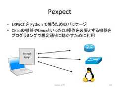 Pexpect • EXPECT 䜢 Python 䛷䛖䛯䜑䛾䝟䝑䜿䞊䝆 • Cisco䛾ᶵჾ䜔Linux䛸䛔䛳䛯CLI᧯స䜢ᚲせ䛸䛩䜛ᶵჾ䜢 䝥䝻䜾䝷䝭䞁䜾䛷つᐃ㏻䜚䛻ື䛛䛩䛯䜑䛻⏝ Python ධ㛛 242 Python Script