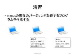 ₇⩦ • Nexus䛾⌧ᅾ䛾䝞䞊䝆䝵䞁䜢ྲྀᚓ䛩䜛䝥䝻䜾 䝷䝮䜢సᡂ䛩䜛 Python ධ㛛 Nexus ip: 1.110.8.1 user-‐name: admin pass: cisco 252 ㋃䜏ྎ ip: 10.71.224.172 user-‐name: guest pass: c1sco123