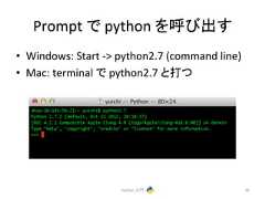 Prompt 䛷 python 䜢䜃ฟ䛩 • Windows: Start -‐> python2.7 (command line) • Mac: terminal 䛷 python2.7 䛸ᡴ䛴 Python ධ㛛 30
